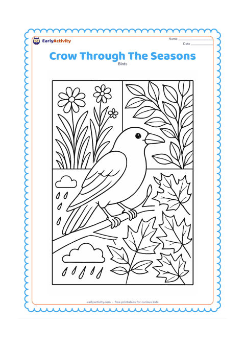 Colouring page: A crow stands on a central branch surrounded by four natural areas showing spring flowers, summer leaves, monsoon rain, and autumn leaves.