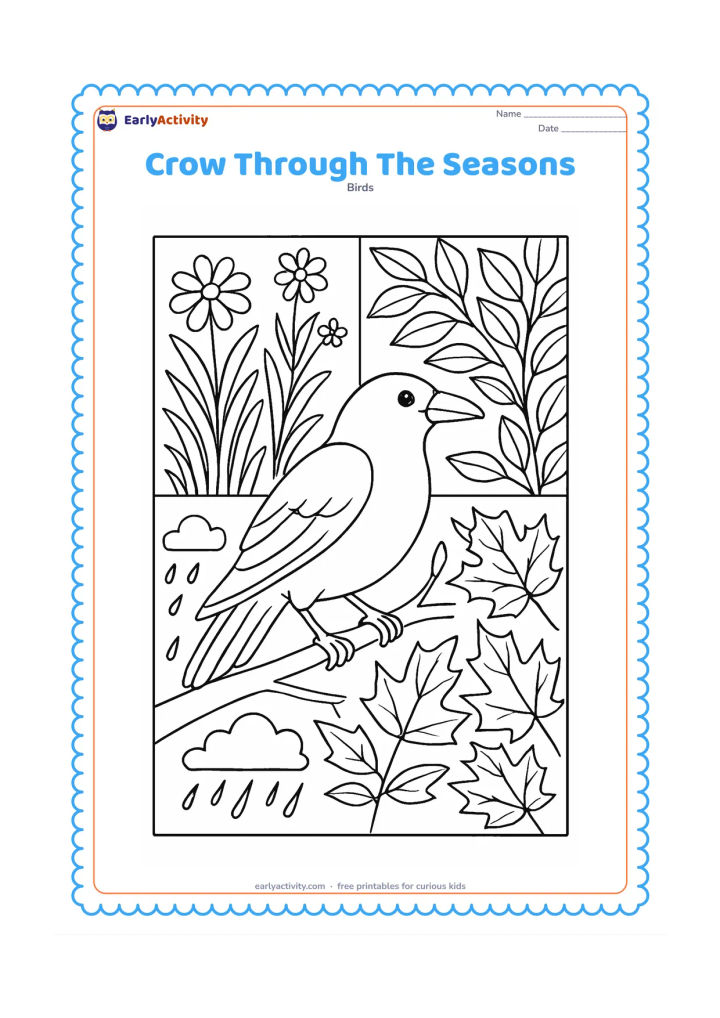Colouring page: A crow stands on a central branch surrounded by four natural areas showing spring flowers, summer leaves, monsoon rain, and autumn leaves.