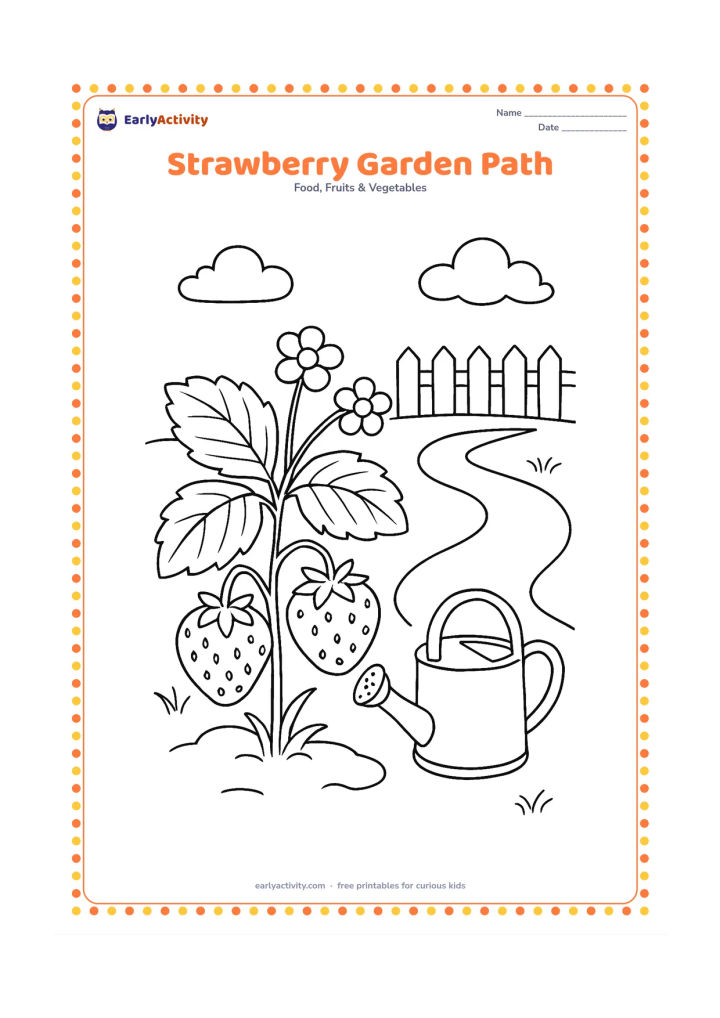 Colouring page: Draw a strawberry plant beside a winding garden path, with two ripe strawberries, broad leaves, small flowers, a watering can, and a low fence in the distance.