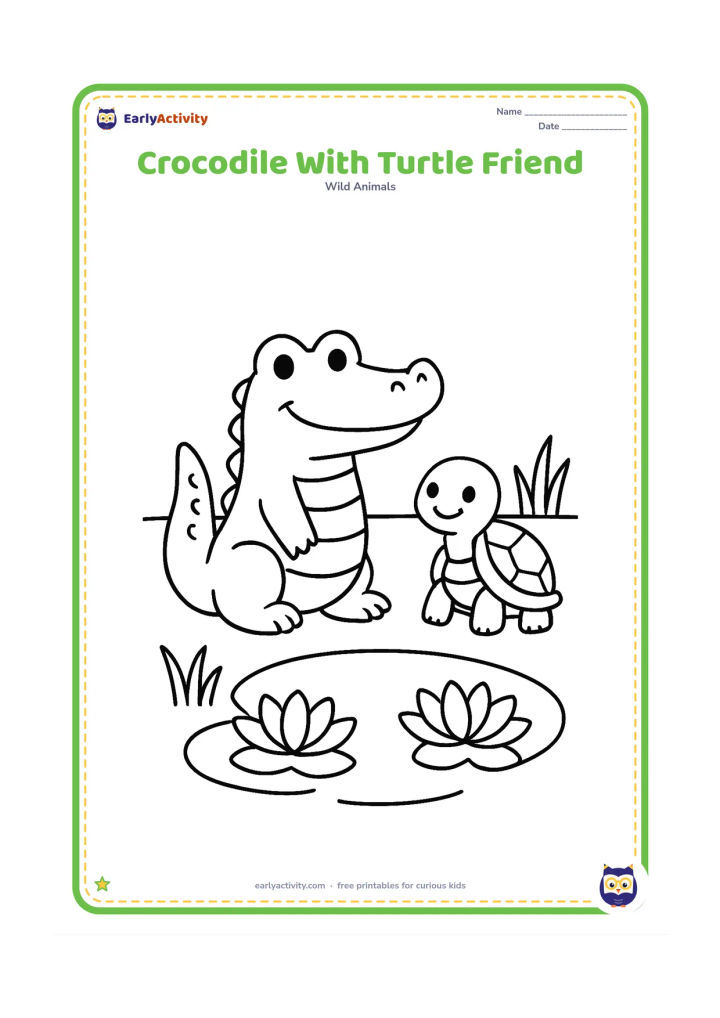 Colouring page: Draw a smiling crocodile and a small turtle sitting side by side beside a pond, with two large water lilies and simple grass around them. Both animals should be fully visible.