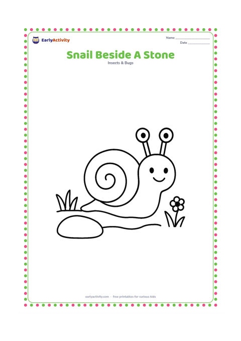 Colouring page: Draw one snail moving beside a single large smooth stone, leaving a short curved trail behind it. Add only a few blades of grass and one tiny flower.