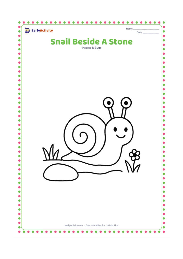 Colouring page: Draw one snail moving beside a single large smooth stone, leaving a short curved trail behind it. Add only a few blades of grass and one tiny flower.