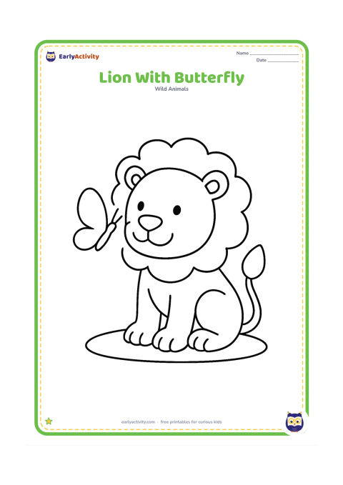 Colouring page: A seated lion gently watches one large butterfly near its nose, with a small ground patch beneath the paws. Use simple rounded butterfly wings without patterns or symbols.