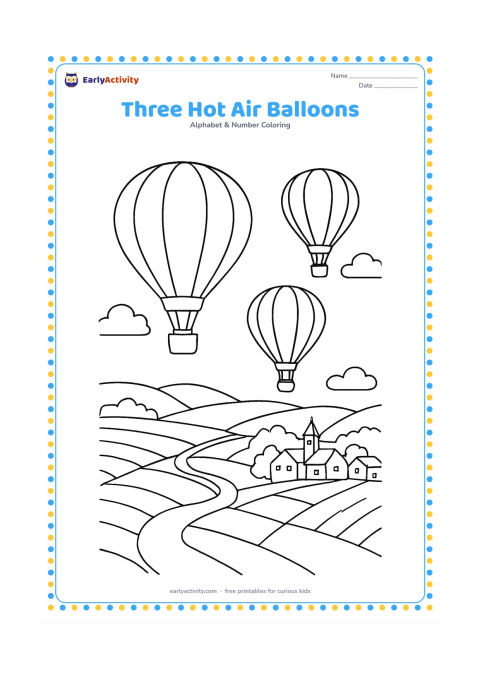 Colouring page: Draw exactly three hot-air balloons at different heights above a countryside with fields, a winding river and a small village. Give each balloon a large plain panel pattern without…