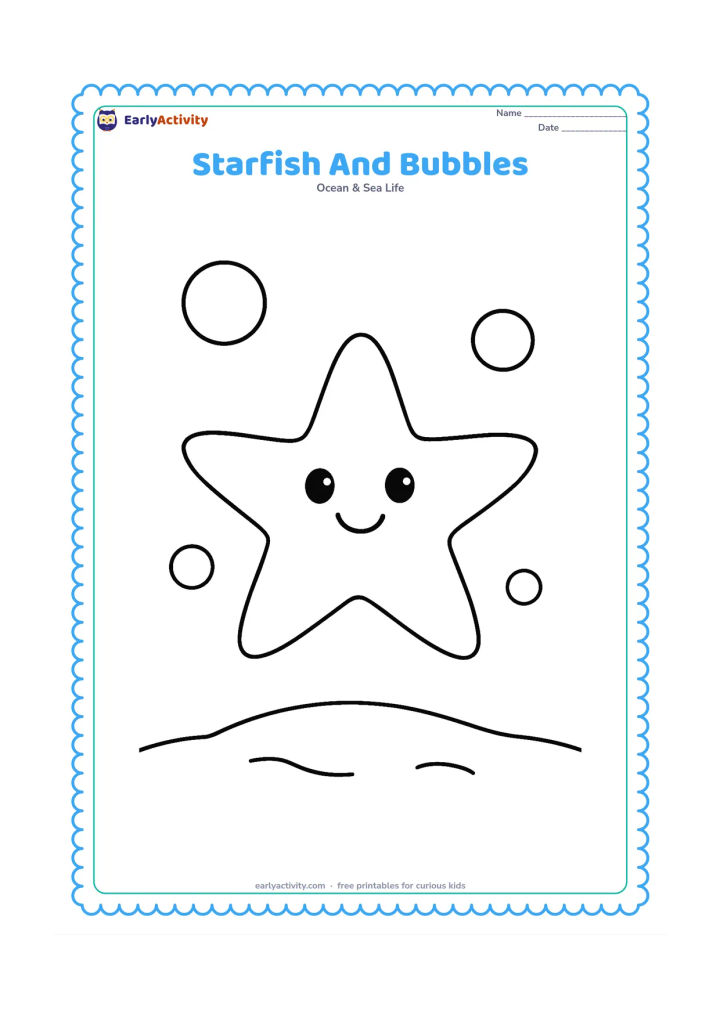 Colouring page: Draw one big starfish floating gently above a simple sandy patch, surrounded by a few large round bubbles.