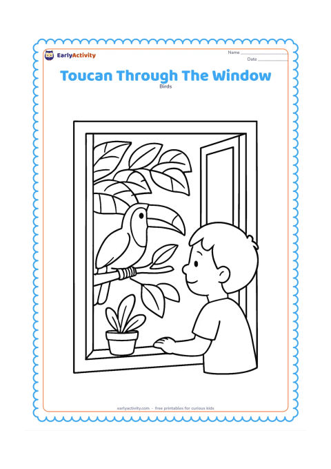 Colouring page: A toucan perches on a branch outside a simple open window, while a child observes from inside with one hand resting on the sill. Include broad leaves outside and a plain indoor plant on…