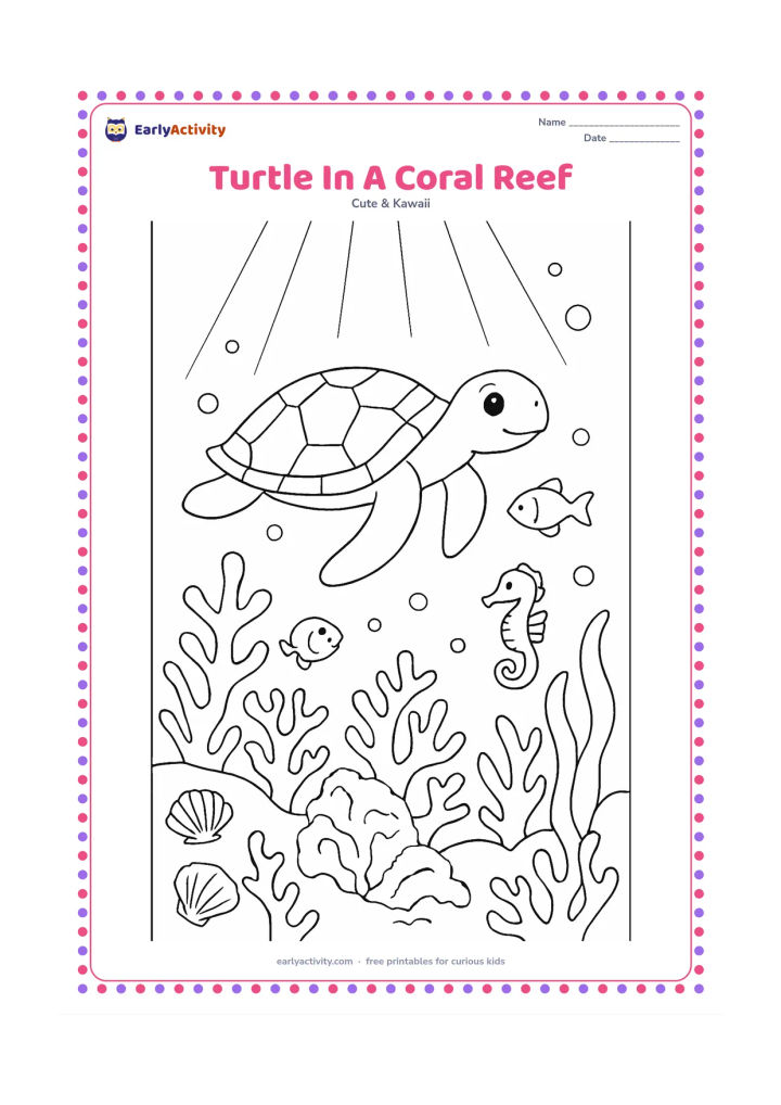 Colouring page: A sea turtle swims above a coral reef with two small fish and a seahorse nearby. Add sea plants, bubbles, shells, branching coral and rays of light from the surface.