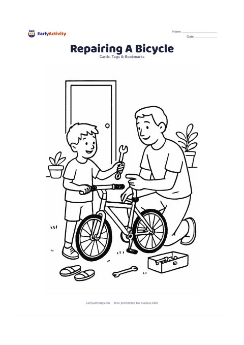 Worksheet: Draw a father and child repairing a bicycle together outside a home, with the father holding a pump and the child passing a wrench. Add a doorway, sandals, a small toolbox and potted…