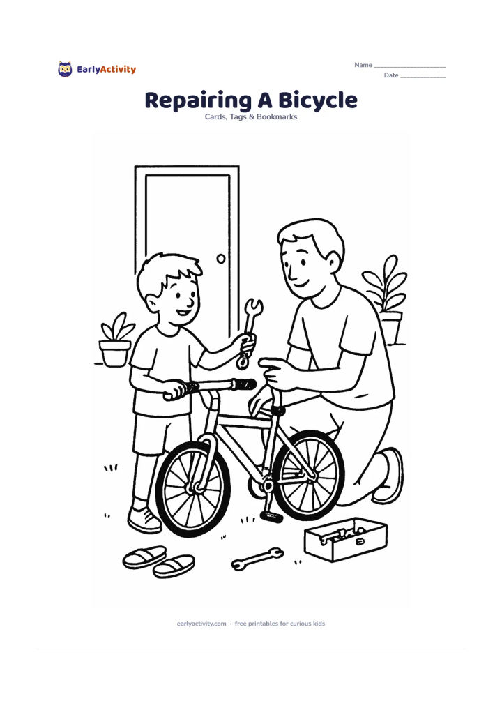 Worksheet: Draw a father and child repairing a bicycle together outside a home, with the father holding a pump and the child passing a wrench. Add a doorway, sandals, a small toolbox and potted…