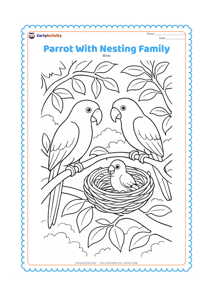 Colouring page: Draw two adult parrots near a carefully woven nest in a leafy treetop, with one small chick visible inside. Include several branching levels, overlapping leaves, and a distant forest canopy.