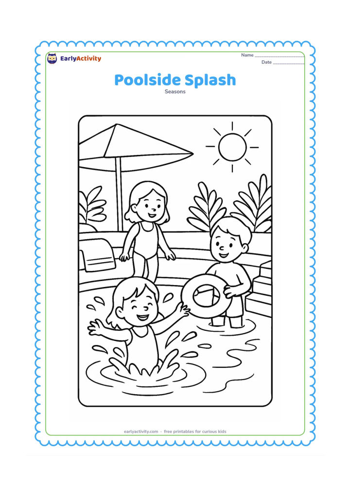 Colouring page: Draw three children playing safely in a shallow swimming pool, with one child splashing and another holding a floating ring. Include pool steps, a sunshade, a towel, and leafy plants…