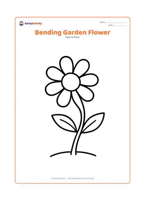 Worksheet: A daisy-like flower bends gently to one side on a curved stem, with two simple leaves pointing in opposite directions. Add only a short curved ground line beneath it.