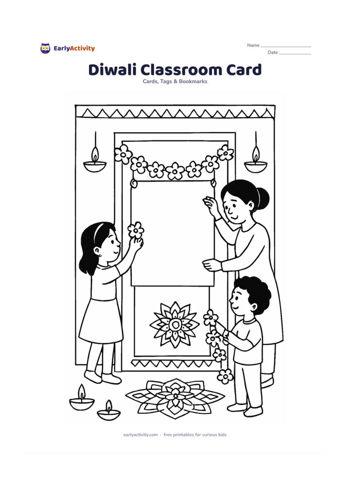 Worksheet: Children and their teacher decorate a classroom doorway with paper flower garlands and simple diyas, while a large blank card panel hangs in the centre. Include festive lamps and…