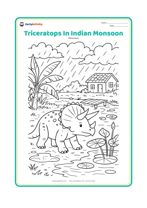 Colouring page: A triceratops walks beside a rain-filled village pond during monsoon weather, with banana plants, lotus leaves, a simple tiled-roof home, a wooden footbridge, puddles, and layered…