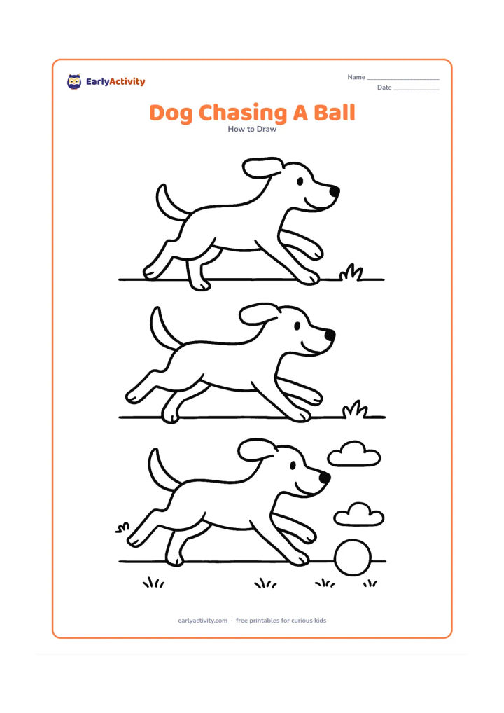 Worksheet: Show blank, unlabeled stages for a dog running toward a ball, with one front leg reaching forward, back legs stretched and tail raised. Add a simple park ground line, grass tufts and a…