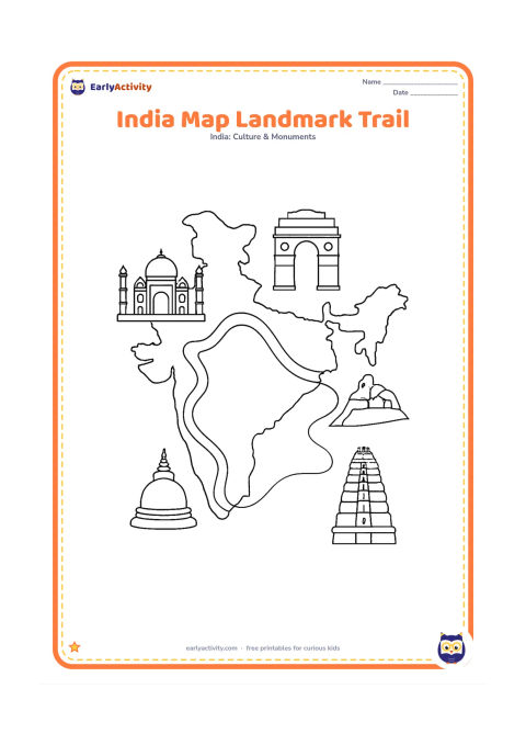 Colouring page: Show a detailed India outline with a winding trail connecting small unlabelled landmark illustrations placed around appropriate areas, including a domed monument, an arched gateway, a…