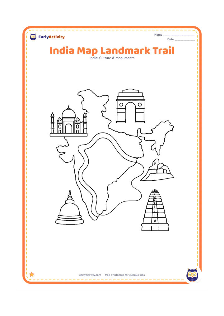 Colouring page: Show a detailed India outline with a winding trail connecting small unlabelled landmark illustrations placed around appropriate areas, including a domed monument, an arched gateway, a…