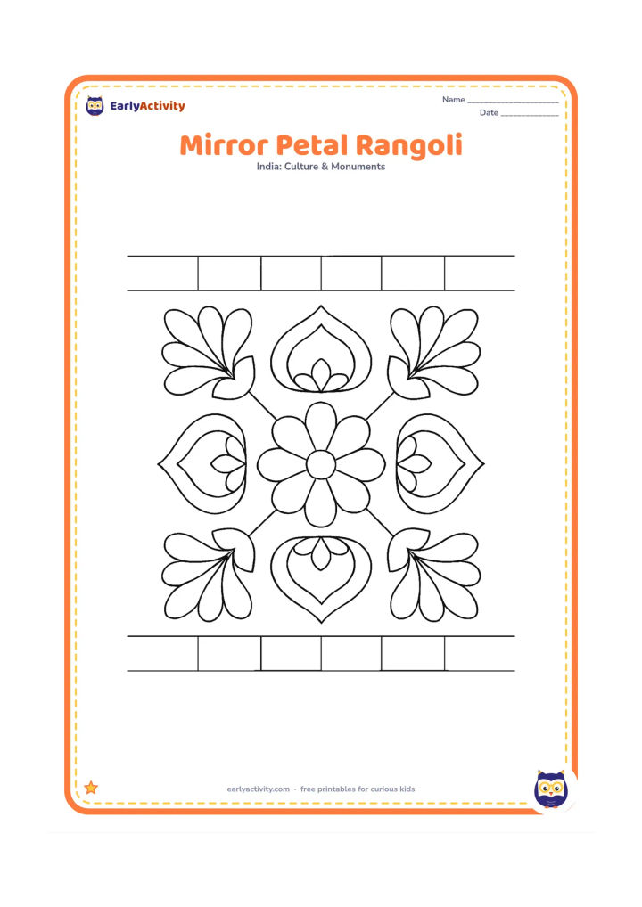 Colouring page: Draw a symmetrical rangoli with matching petal clusters on the left and right, a central flower and four large rounded corner shapes. Place it on a tiled entrance floor.