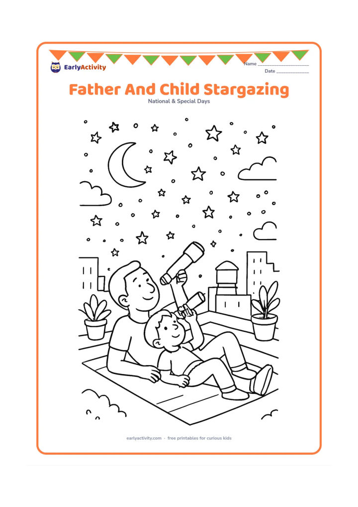Colouring page: A father and child lie on a rooftop mat and look through a small telescope at the night sky, with a crescent moon, stars, water tank, potted plants and city rooftops.