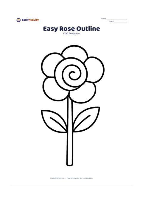 Worksheet: A single simple rose shown from the front, with five rounded outer petals and one large spiral-like curved centre, plus a short stem and two leaves. Leave the petals widely spaced.