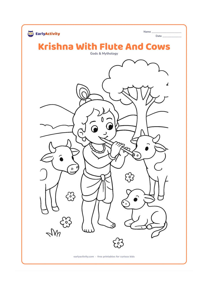 Colouring page: Baby Krishna stands playing his flute while two cows and one calf listen nearby in a village meadow. Include a tree, distant hills and a few flowers without crowding the figures.