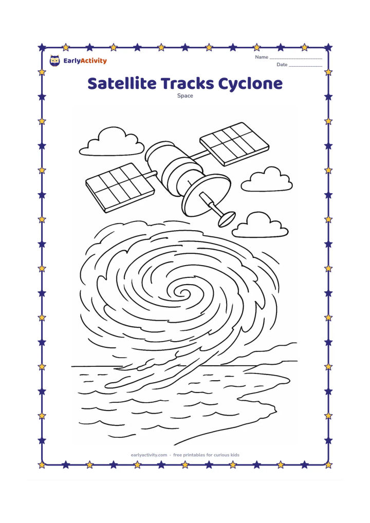 Colouring page: Draw a weather satellite above a broad ocean cyclone shown as layered spiral clouds, with rain bands, wind curves, and a distant coastline below. Include a sensor pointing at the storm,…