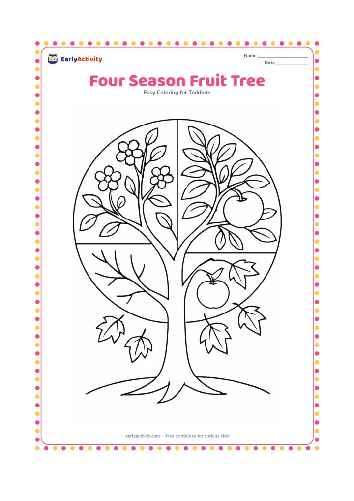 Colouring page: Draw a single fruit tree divided into four natural sections around its trunk: blossoms and spring leaves, leafy summer fruit, falling autumn leaves with apples, and a quiet winter…