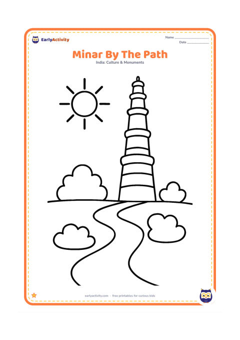 Colouring page: Show a broad winding path through the Qutb complex leading to Qutub Minar, with two simple shrubs and a bright sun in the sky. The tower should be the largest object.