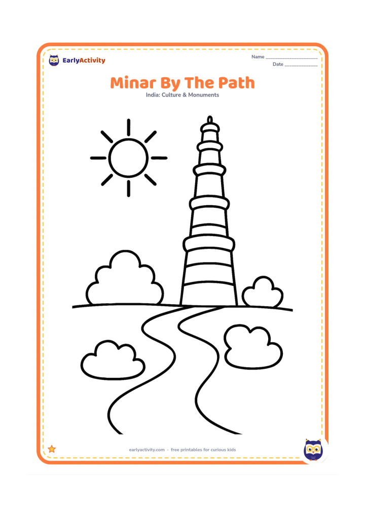 Colouring page: Show a broad winding path through the Qutb complex leading to Qutub Minar, with two simple shrubs and a bright sun in the sky. The tower should be the largest object.