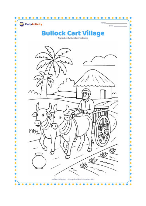 Colouring page: Draw two gentle oxen pulling a traditional bullock cart along a village path, with a farmer seated in the cart. Add palm trees, a mud house, crop rows and a water pot, keeping all…