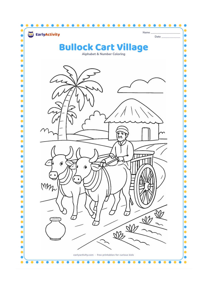 Colouring page: Draw two gentle oxen pulling a traditional bullock cart along a village path, with a farmer seated in the cart. Add palm trees, a mud house, crop rows and a water pot, keeping all…