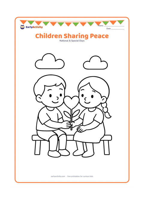Colouring page: Draw two young Indian children sitting together and offering one another a large heart-shaped flower or plant. Add a simple bench and two puffy clouds behind them.