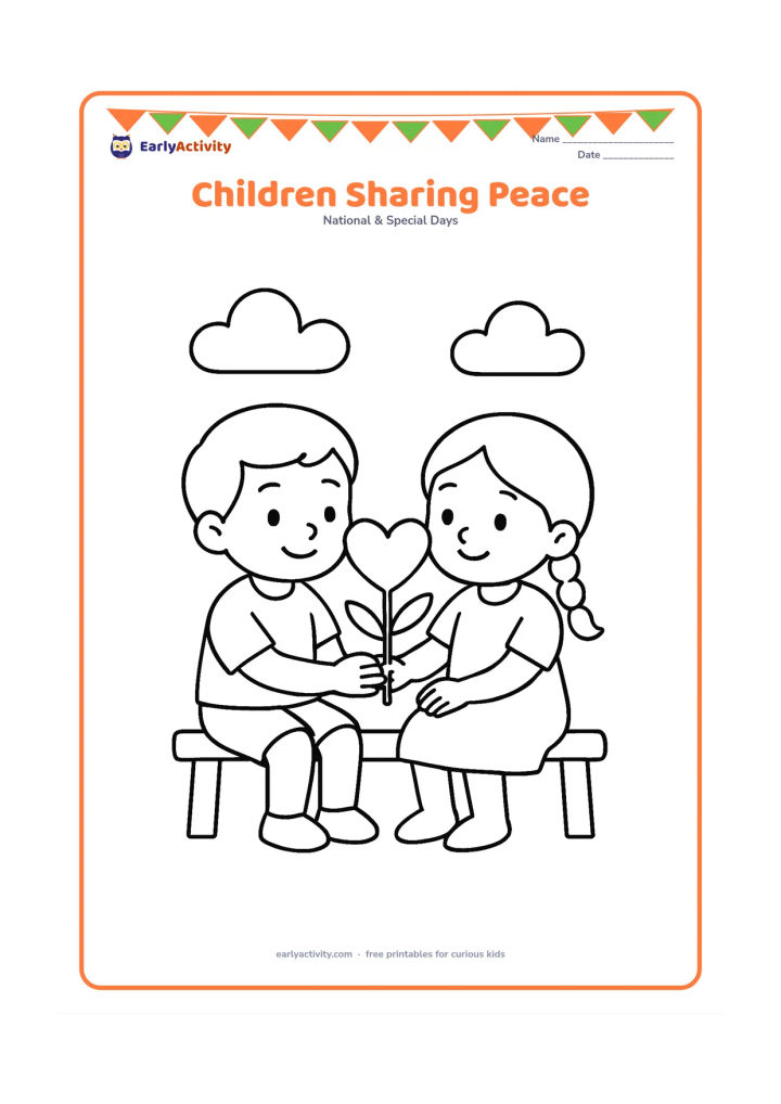 Colouring page: Draw two young Indian children sitting together and offering one another a large heart-shaped flower or plant. Add a simple bench and two puffy clouds behind them.