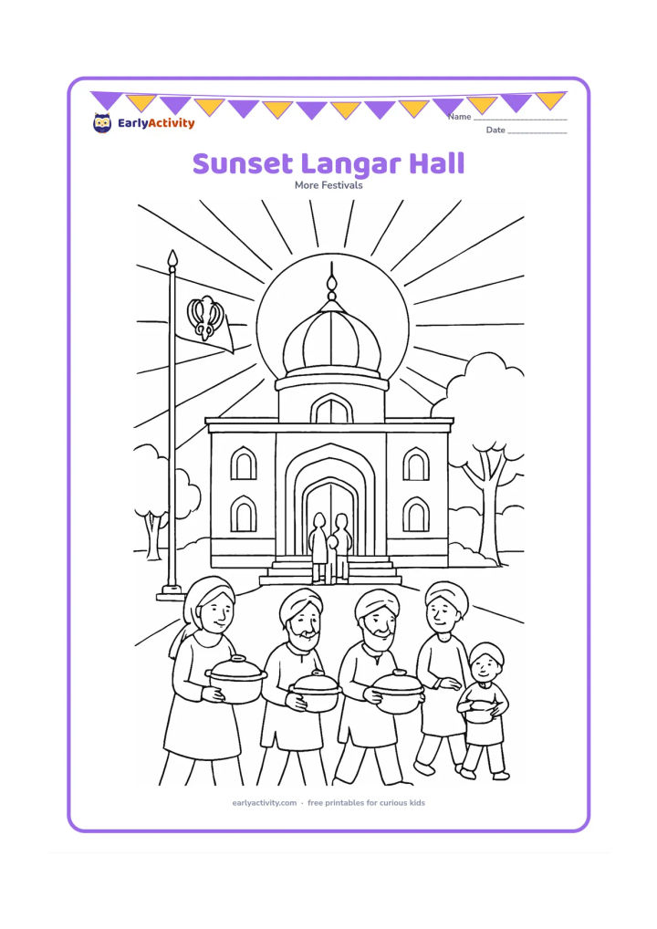 Colouring page: Draw the outside of a gurdwara at sunset, with warm-looking sun rays, the Nishan Sahib, open doors and volunteers carrying covered serving pots toward the langar hall. Include trees,…