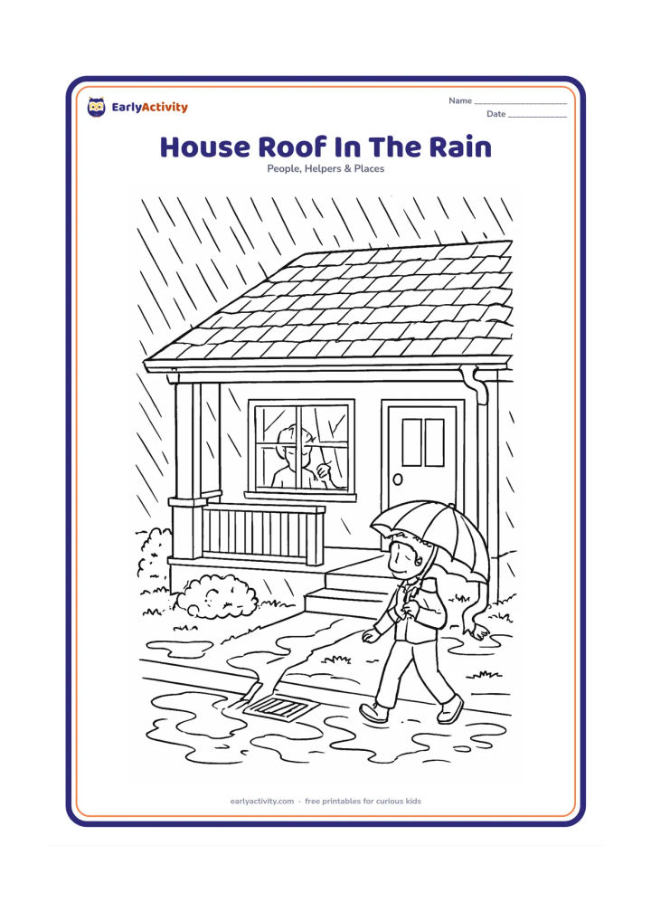 Colouring page: Draw a detailed home during a heavy shower, showing roof tiles, gutters, downspouts, covered veranda, windows, door, puddles and water flowing toward a garden drain. A person closes a…