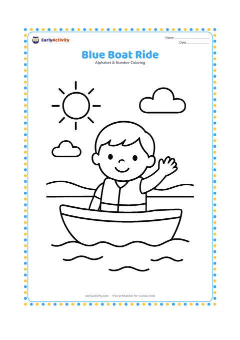 Colouring page: Draw a small boat floating on calm water with one child wearing a plain life jacket and waving. Add a simple sun, two clouds and a distant shoreline.