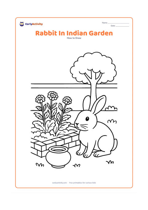 Worksheet: Show a rabbit beside a low brick-edged garden bed with marigold flowers, leafy vegetables and a small clay water pot. Add a simple courtyard wall and a shaded tree behind the rabbit.
