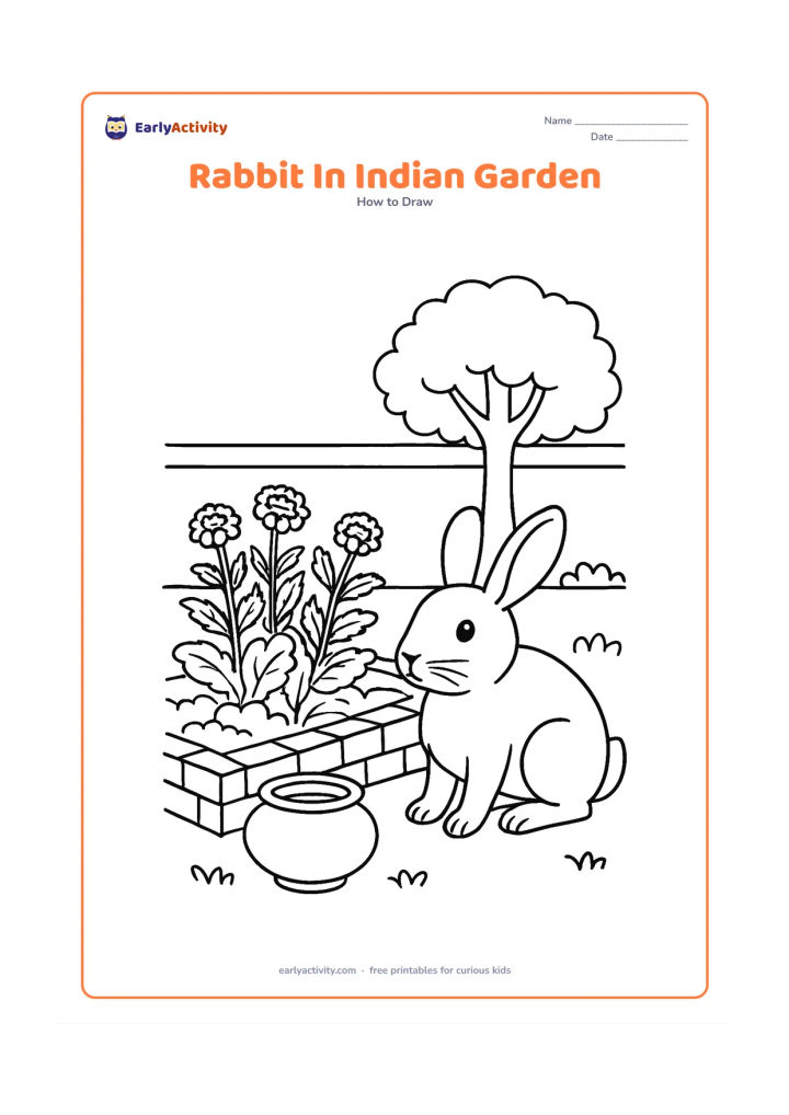 Worksheet: Show a rabbit beside a low brick-edged garden bed with marigold flowers, leafy vegetables and a small clay water pot. Add a simple courtyard wall and a shaded tree behind the rabbit.