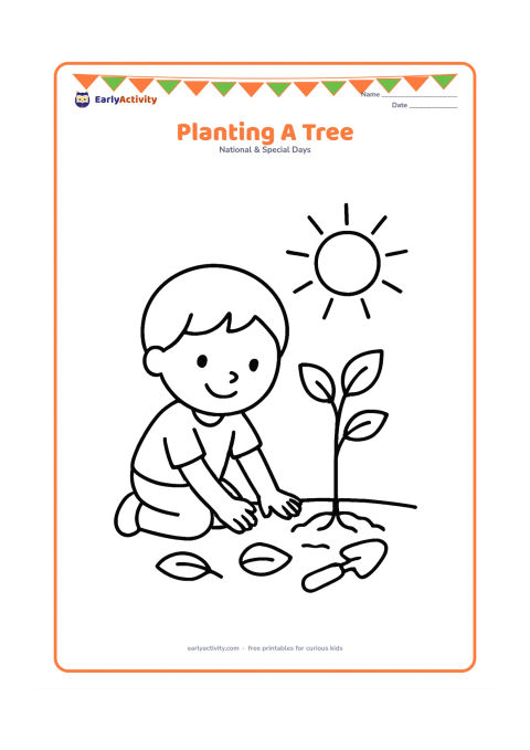 Colouring page: Draw a child kneeling beside a young tree and pressing soil around its roots with both hands. Include a small spade, two leaves on the ground and a bright sun.