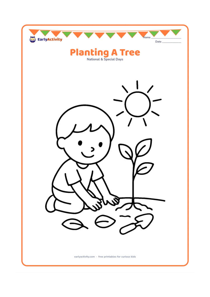 Colouring page: Draw a child kneeling beside a young tree and pressing soil around its roots with both hands. Include a small spade, two leaves on the ground and a bright sun.