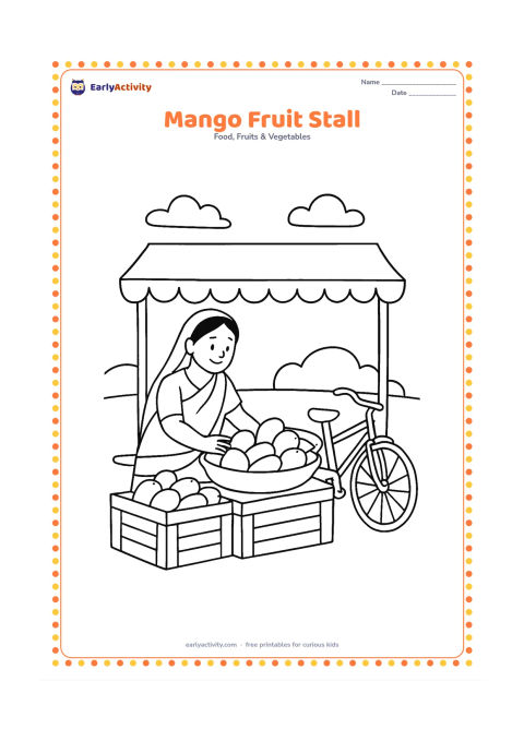 Colouring page: A small Indian roadside fruit stall with a vendor arranging mangoes in a shallow basket, with an awning, two crates, and a bicycle nearby.