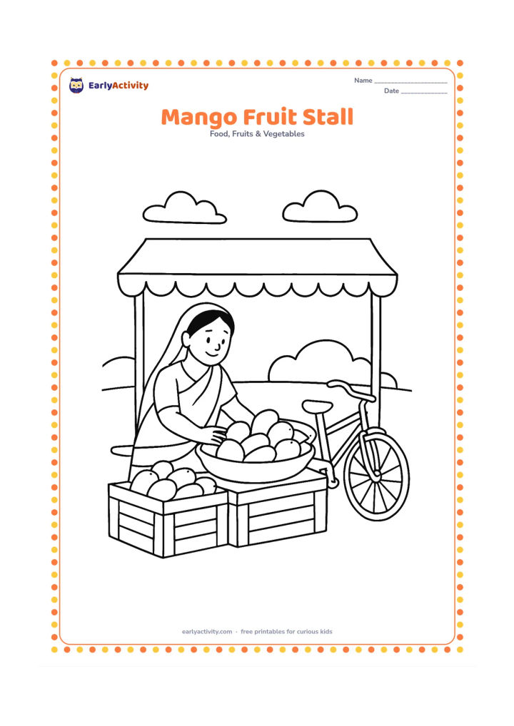 Colouring page: A small Indian roadside fruit stall with a vendor arranging mangoes in a shallow basket, with an awning, two crates, and a bicycle nearby.