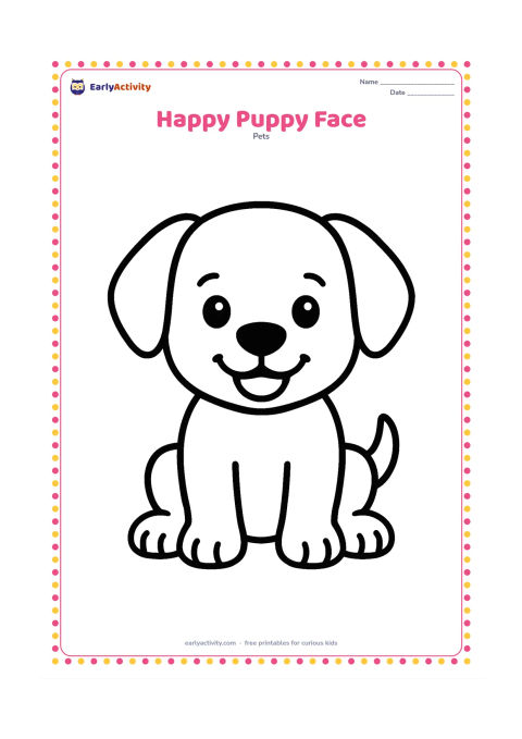 Colouring page: Draw a cheerful puppy facing forward, with large floppy ears, round eyes, a big nose, and a smiling open mouth. Use one large head shape with plenty of open space and no background.