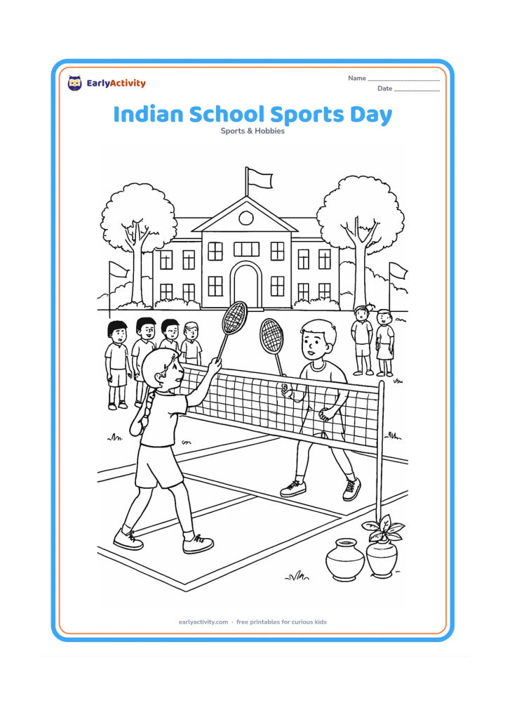 Colouring page: Draw children playing badminton on an Indian school ground during sports day, with a temporary net, court lines, school building, trees, water pots and classmates watching from the side.…