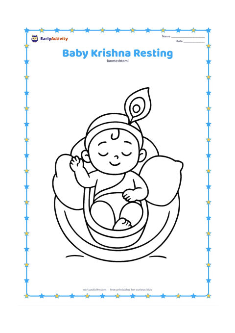 Colouring page: Draw baby Krishna lying peacefully in a small cradle with one hand raised, a simple peacock feather beside him, and two large cushions around the cradle. Leave generous open space around…