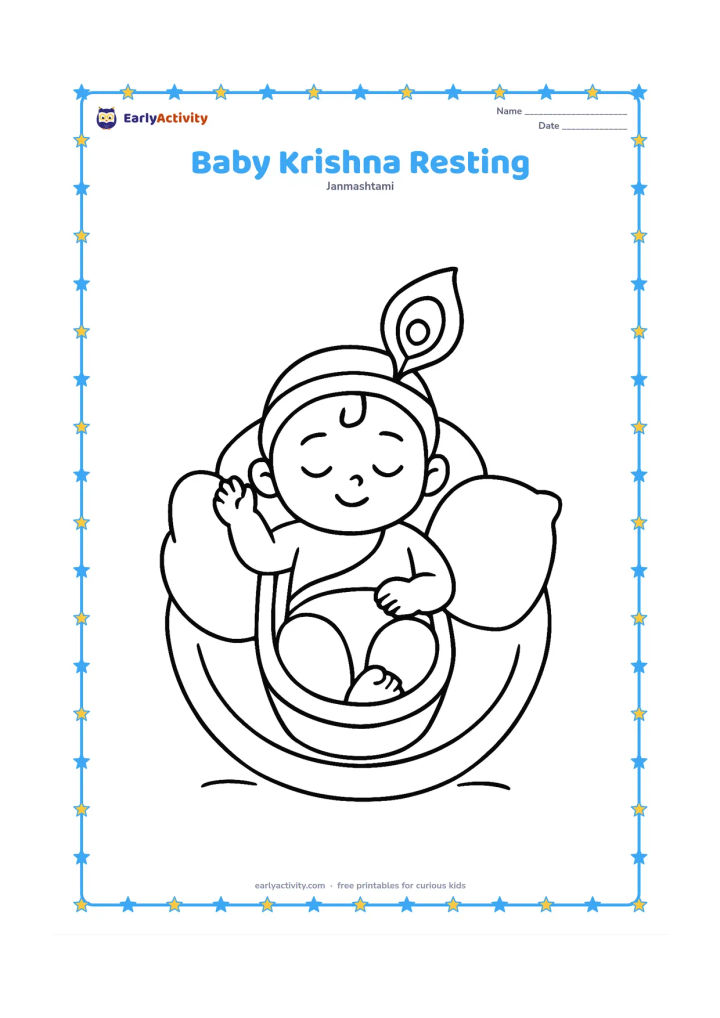 Colouring page: Draw baby Krishna lying peacefully in a small cradle with one hand raised, a simple peacock feather beside him, and two large cushions around the cradle. Leave generous open space around…