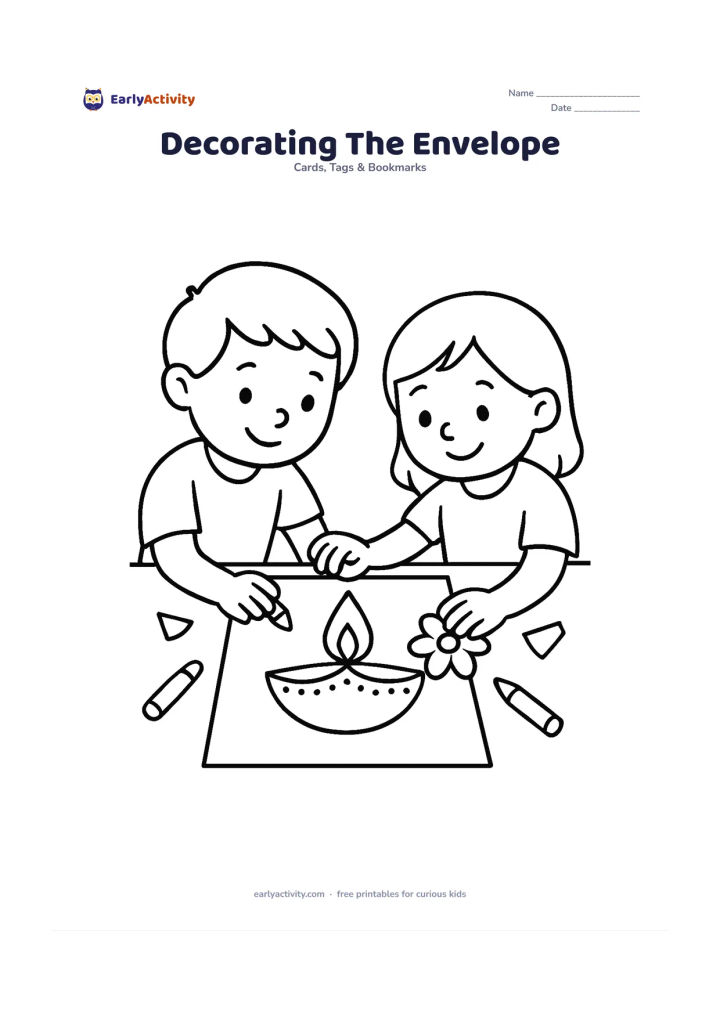Worksheet: Draw a child decorating an envelope-style Diwali card with a central diya, while a second child places a paper flower beside it. Show scraps of paper and a few crayons on the table.