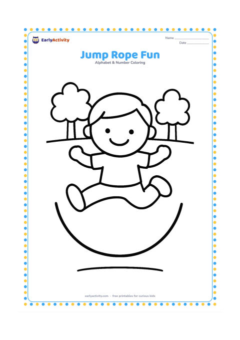 Colouring page: Draw a cheerful child jumping over a large curved jump rope. Place two simple trees in the background and leave open space around the child.