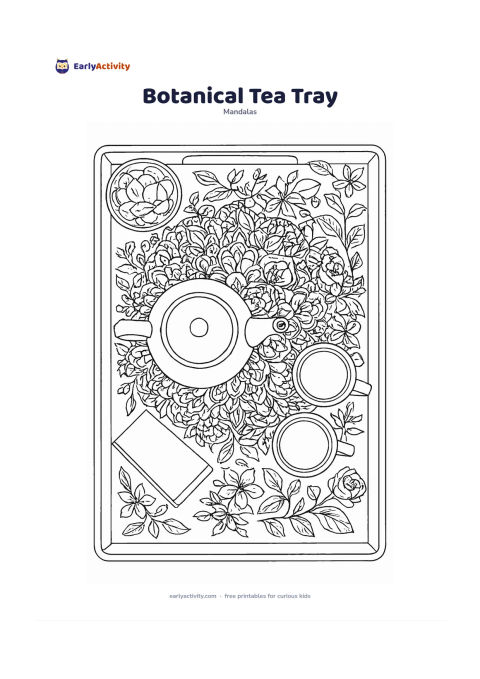 Colouring page: Draw a top-down floral mandala arranged on a plain tea tray, with roses, jasmine, leaves and vines surrounding an undecorated teapot and two cups. Add a small bowl of petals, a folded…