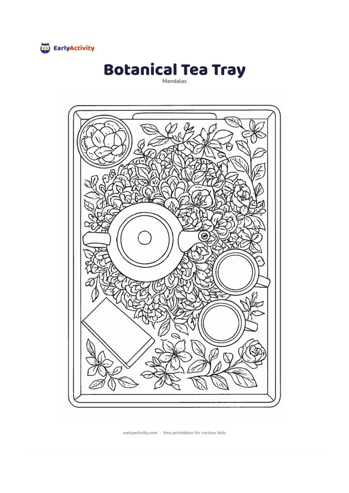 Colouring page: Draw a top-down floral mandala arranged on a plain tea tray, with roses, jasmine, leaves and vines surrounding an undecorated teapot and two cups. Add a small bowl of petals, a folded…